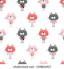 Seamless pattern with cute cats in dress on a white background. Seamless background for children. Vector illustration.