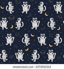 Seamless pattern with cute cats dressed in mummy costume on Halloween night. Funny and spooky kittens. Moon, stars and planets flat vector illustration.