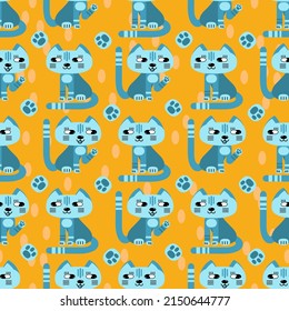 Seamless pattern of cute cats in a flat cartoon style. Funny stylized kittens, simplified shapes, shades of blue. Vector illustration. Design for fabric, backgrounds, wallpaper, wrapping paper