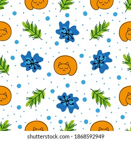 Seamless pattern with cute cats, flowers and green branches on a white background. Isolated objects. Vector illustration for fabric, postcards, wallpaper, covers, packaging, wrapping paper.