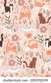 Seamless pattern with cute cats and flowers. Vector graphics.