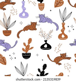 Seamless pattern with cute cats and flowers and cacti in pots. Vector.