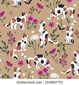 Seamless pattern with cute cats and flowers. Vector graphics.