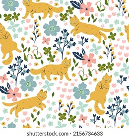 Seamless pattern with cute cats, flowers and butterflies. Vector graphics.