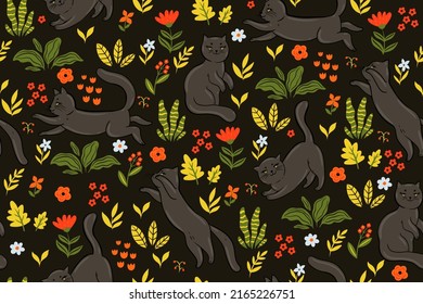 Seamless pattern with cute cats and flowers on a dark background. Vector graphics.