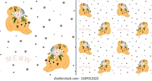 Seamless pattern with cute cats in flowers on a white background. Children's texture in scandinavian style for fabric, textile, clothing, nursery decoration. Vector illustration