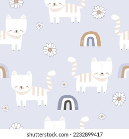 Seamless pattern with cute cats and flowers. Childish pastel print. Vector hand drawn illustration. 