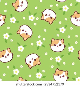 Seamless pattern of a cute cats, flowers and leaves. Vector illustration on a green background. Cartoon style flat design. Concept for children print.