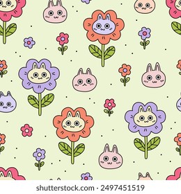 Seamless pattern with cute cats and flowers. Hand drawn vector background. Texture for print, textile, packaging. 