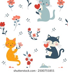 Seamless Pattern with cute cats and flowers. Vector illustration for for Textile, Stationery, animal product design