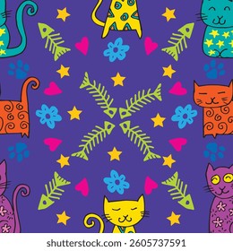 Seamless pattern with cute cats and flowers. Vector illustration.