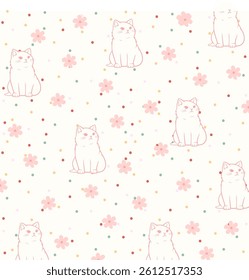Seamless pattern with cute cats and flowers. Vector graphics.