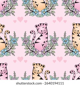 Seamless pattern with cute cats and flowers. Vector illustration.