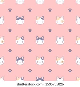 Seamless pattern with cute cats and footprint, design for fabrics, textiles, wallpaper, and background design concept.
