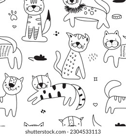 Seamless pattern with cute cats pattern. Funny hand drawn doodle style illustration for baby fabric.