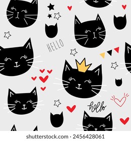 Seamless pattern of cute cats. Funny doodle animals.vector illustration