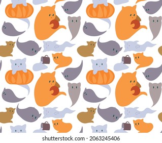  Seamless pattern with cute cats ghosts. Flying spirit kittens. Halloween pets. For kids.