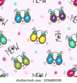 Seamless pattern with cute cats in glasses pineapple. Pattern for girls, for textiles, children's clothing, overprint paper, prints.
