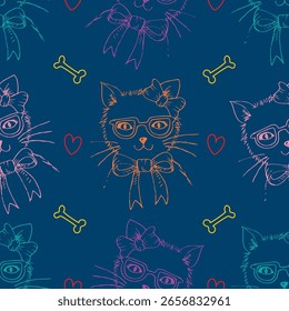 Seamless pattern with cute cats in glasses and bow tie. Vector illustration.