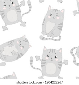 Seamless pattern with cute cats. Hand drawn.