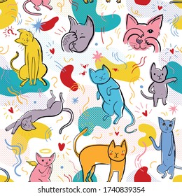 Seamless pattern with cute cats and hand drawn elements in memphis style. Creative childish texture. Great for fabric, textile, web. Pop art vector Illustration of characters.