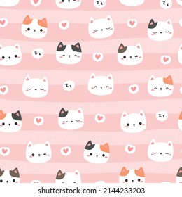 Seamless pattern with cute cats head cartoon flat design on pink striped background