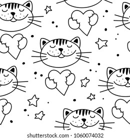 Seamless pattern with cute cats and hearts. Black and white vector template.
