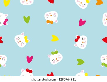 Seamless pattern of cute cats with hearts for wallpaper, cover, card and poster designs; interior decorations of baby rooms; textile and fabric prints
