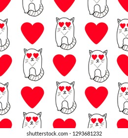 Seamless pattern with cute cats and hearts. Vector illustration