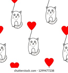 Seamless pattern with cute cats and hearts. Vector illustration