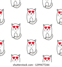 Seamless pattern with cute cats and hearts. Vector illustration