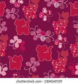 Seamless pattern with cute cats and hearts