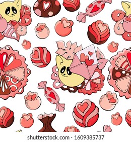Seamless pattern - Cute Cats with Hearts, Chocolate and fruits, funny vector doodle stock illustration, isolated colorful print for menu, book, paper, fabric, greeting /invitation card, stickers