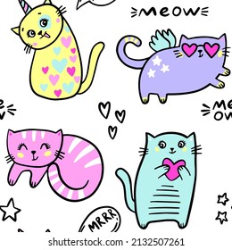 Seamless pattern with cute cats, hearts and words. Cool texture background. Wallpaper for little girls. Fashion style