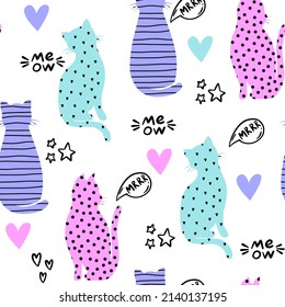 Seamless pattern with cute cats, hearts and words. Romantic texture background. Wallpaper for little girls. Fashion style