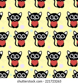 Seamless pattern cute cats with hearts