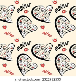 Seamless pattern with cute cats and hearts. Meow and kittens in the heart. Pattern for fabric, wallpaper, digital paper. Vector illustration for background with cats.