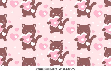 Seamless pattern with cute cats and hearts. Vector Illustration. Funny cats. Doodle cartoon style