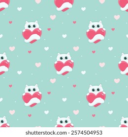 Seamless pattern with cute cats and hearts in pastel colors