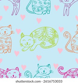 Seamless pattern with cute cats and hearts. Vector illustration.