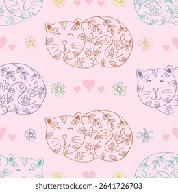 Seamless pattern with cute cats, hearts and flowers. Vector illustration.