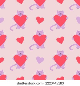 Seamless pattern with cute cats holding pink hearts. Modern design for fabric and paper, surface textures.