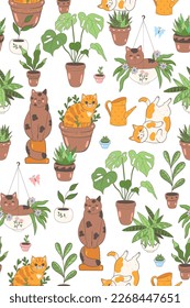 Seamless pattern with cute cats and houseplants on a white background. Vector graphics.