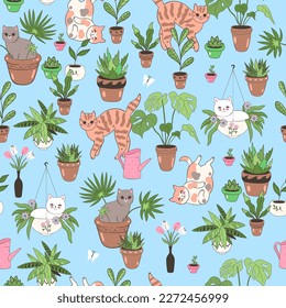 Seamless pattern with cute cats and houseplants . Vector graphics.