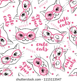 Seamless pattern with cute cats isolated on white background. Design element for textile, fabric, scrapbooking, wallpapers. Vector illustration.