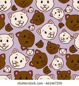 Seamless pattern with cute cats isolated on lavender background. Vector illustration. Background, textile and fabric use for children.