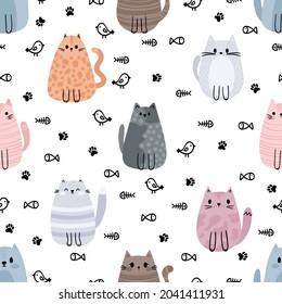 Seamless pattern with cute cats and kittens. Doodle characters. Design for printing. Vector illustration