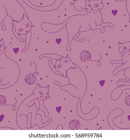 seamless pattern with cute cats, lilac color, vector illustration