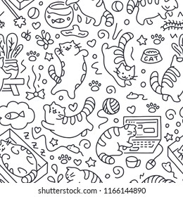 Seamless pattern with cute cats line drawing. Playful kitten background, cat sleeping in box, play with computer, aquarium. Funny pet hand-drawn illustration in doodle style for kids fabric.