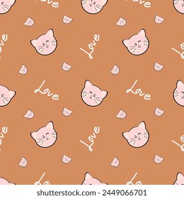 Seamless pattern cute cats and love  on brown background 